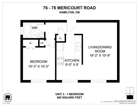 Floor plan for 1 bed, 1 bath, 600 sqft